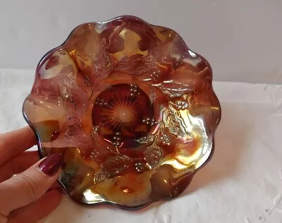 Vintage Amethyst Carnival Glass Millersburg Holly Whirl Ruffled Bowl • $49.95