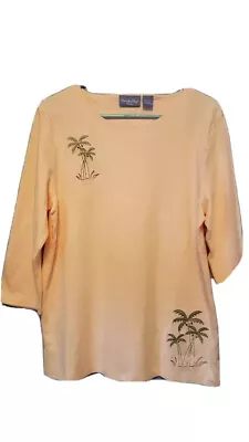 Paradise Bay Misses Size L Scoop Neck 3/4 Sleeves Palm Trees Embroidery Tee Tops • $12.99