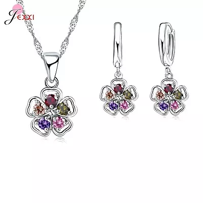 £4.99 • Buy 925 Sterling Silver Cubic Zirconica 5 Crystal Pendant Necklace Earring Set  *UK*