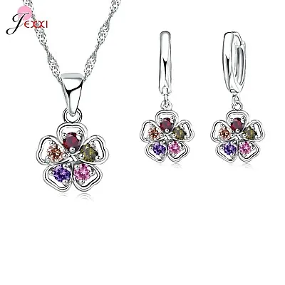 925 Sterling Silver Cubic Zirconica 5 Crystal Pendant Necklace Earring Set  *UK* • £4.99