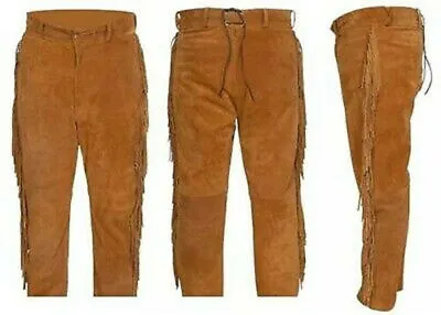 Men Native American Western Cowboy Leather Pants Full Leg Fringe Suede Leather • $59.99