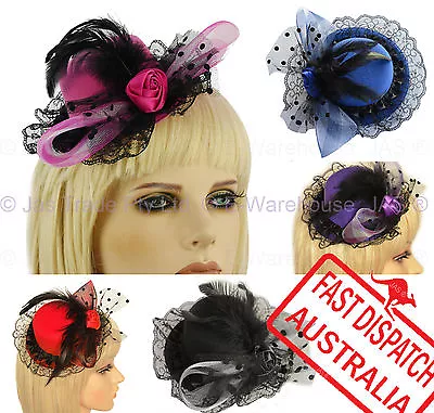 Racing Cocktail Party Race Feather Mini Top Hat Fascinator Clip CHECK BOW LACE • $4.47