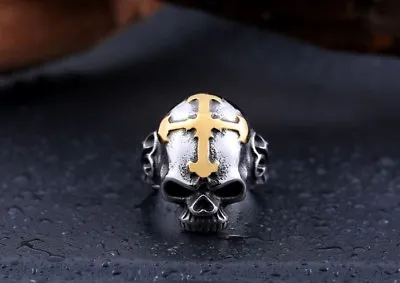 Mens Gothic Skull Cross Ring Silver Gold Stainless Steel Biker Jewelry Ring Band • $15.95