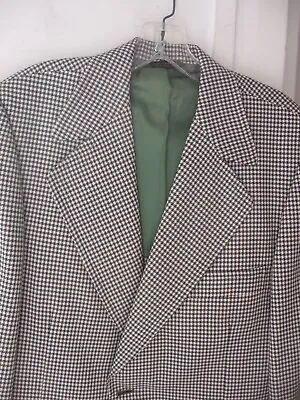 VINTAGE GREEN-BROWN-WHITE SMALL HOUNDSTOOTH POLYESTER BELL BOTTOM DISCO SUIT-2pc • $24.95
