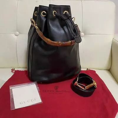 Gucci Vintage Shoulder Bag 2Way Drawstring Bamboo Leather Black Used Japan • $489.49