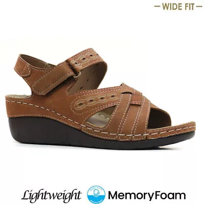 Ladies Wide Fit Sandals Memory Foam Women Low Wedge Comfort Summer Holiday Shoes • £13.95