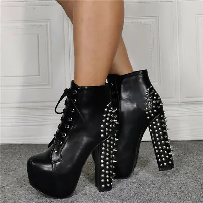 Womens Punk Rivets Ankle Motorcycle Boots High Block Heels Gothic Round Toe Shoe • $45.99