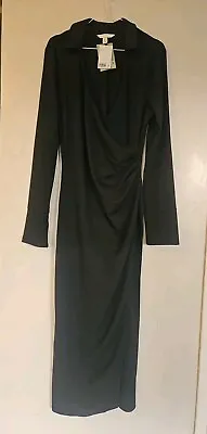 H&M Wrap Jersey Dress Eur L Collar Dark Green/Black Womens • £16