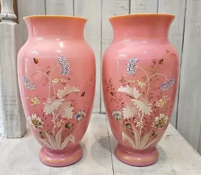 2 Antique Bristol Vase Pink Milk Glass Hand Painted Flowers Ladybug Hand Blown • $180