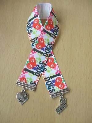 Handmade I Love Dogs Ribbon Bookmark Paw Charm Puppy Dog Person Paw Print Heart • £2.99