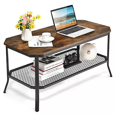 Giantex Coffee Table Wooden Tabletop Metal Storage Shelf Industrial Rustic Brown • $99.95