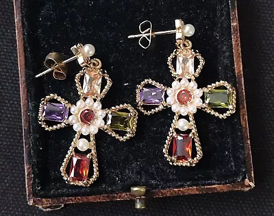 £8.99 • Buy Vintage Style Multicolor Gemstones Earrings 14K Gold Plated