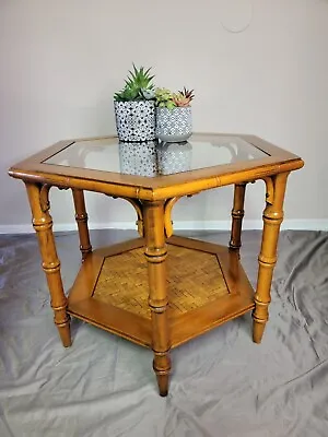 Vintage Mid-Century Hexagonal Coffee/Side Table Glass-Top Faux Bamboo/Rattan • $249.95