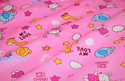 £5.50 • Buy 44 Premium Soft Brush Flannel 100% Cotton Fabric Pink Base With Animal Doodles