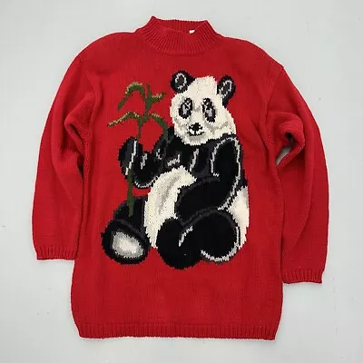 Vintage 90s Panda Bear Mock Neck Hand Knit Sweater Outdoor Nature The Eagles Eye • £33.74