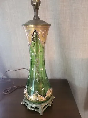 Antique Victorian  Moser Bohemian Emerald Green Gold Floral Glass Table Lamp • $250