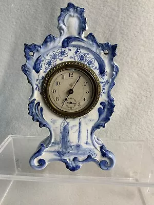 Antique Waterbury Clock Co. Parlor Clock No. 45 In Blue & White Porcelain • $252.91