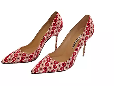 Manolo Blahnik Pink BB 105mm Flowers Floral Pattern Size EU 39 US 8 MSRP $745 • $299.99