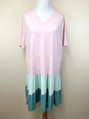 Lands End 2X Short Sleeve Tiered Knit Dress Tea Rose Pink Mint Green 20W 22W • $18.69