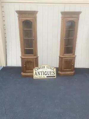 64573 Pair Oak Corner Cabinet Curio S With 3 Wood And Glass Shelves • $550