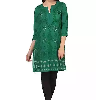 Women Cotton KurtaChikankari Indian Kurti For LadiesGreen Shirt Dresses • $29.14