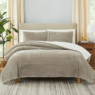 Queen Size Sherpa Comforter Set With 2 Pillow Sham Taupe Reversible 3-Piece ... • $37.21