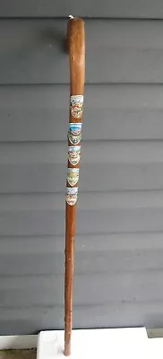 Vintage German Wooden Walking Stick Cane 36   5 Badges Deer Spike Tip Folk Art • $25