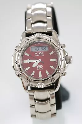 Fossil Blue Men Watch Stainless Steel Silver 50m Batt Dual Alarm Date Red Quartz • $34.95