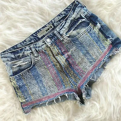 £12.18 • Buy Topshop Moto Embroidered Shorts 6 Tribal Ethnic Mid Rise Acid Wash Cut Off