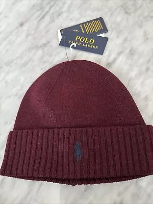 BNWT Polo Ralph Lauren Burgundy Wine W/ Navy Pony - Wool Beanie Knitted Hat • £35