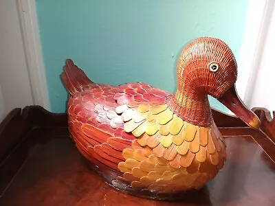 Woven Bamboo/Wicker/Rattan Figural Duck Lidded Basket Lined Bowl Storage EUC! • $18