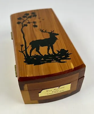 Vintage Hinged Wooden Wood Jewelry Trinket Cedar Box With Elk Deer Design • $16.99