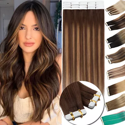 Tape In Real Human Hair Extensions Russian Remy Skin Weft 60PCS 150G Full Head • $35.25