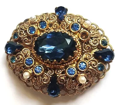 Vintage West Germany Blue Rhinestone Brooch Filigree Signed 1 Missing RS 2  Long • $69.99