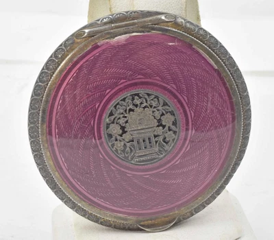 £145.04 • Buy Antique Sterling Silver & Purple Guilloche Enamel Round Mirrored Ladies Compact