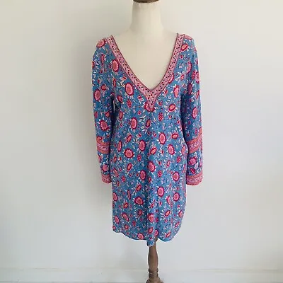 $48 • Buy Arnhem Blue Pink Red Floral Print 7/8 Sleeve V-Neck Boho Tunic Dress Size 6