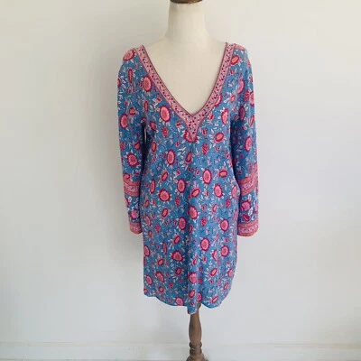 $48 • Buy Arnhem Blue Pink Red Floral Print 7/8 Sleeve V-Neck Boho Tunic Dress Size 6