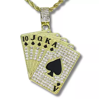 Mens Iced Cz Poker Cards Pendant 14k Gold Or Silver Plated 24  Necklace Hip Hop • $9.45