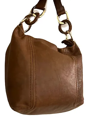 Vintage Michael Kors Shouldr Hobo Bag Brown Distressed Leather Gold Chain Zipped • $69