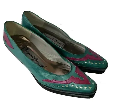 Margaret Jerrold Womens 5.5M Colorful Teal Leather Western Artsy Loafer Pumps  • $49.99