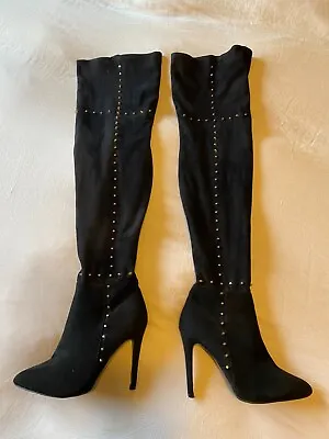 Bella Marie Kaylee Size 8 Over The Knee Boot Black Gold Studded • $39.99