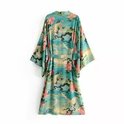 Lady Japanese Kimono Coat Loose Yukata Outwear Long Bathrobe Top Crane Foral • £30.43