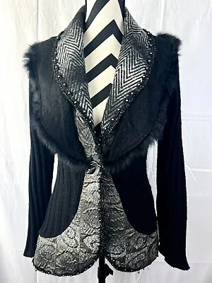 Patchington Art Mohair Fur Trim Silk Rayon Sweater Jacket Blazer Cardigan Black • $49.99