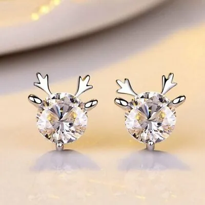 Christmas Silver Deer Elk Zircon Earrings Ear Stud Women Party Jewelry Xmas • $0.72