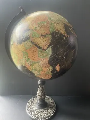 Vintage Decorative Black Tabletop Carved Wood Base Office World Rotating Globe • $109.60