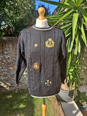 £29 • Buy Vintage Wool Jumper Nautical 90s Navy Cable Knit Embroidered Gold Owl Motif S-M