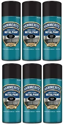 6 X Hammerite Smooth 400ml Satin Black Direct To Rust Metal Spray Paint • £59.99