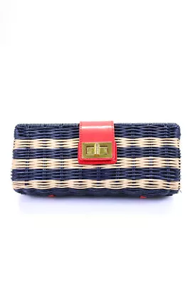 J Crew Womens Straw Colorblock Striped Turn Lock Textured Clutch Handbag Navy • $41.49