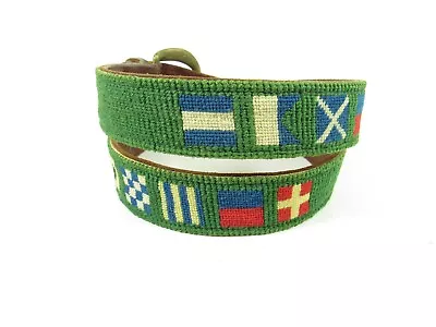 Men's Needlepoint Belt Brown Leather Nautical Flags Green 32  - 35  • $39.99