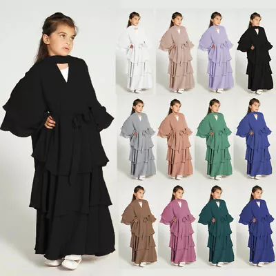 Children Modest Muslim Long Dress Kids Girls Abaya Dubai Kaftan Ruffle Robe Gown • £14.99